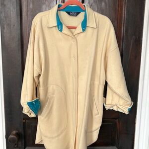 Cream and Teal Women's Wool Chore Coat, Size L/XL